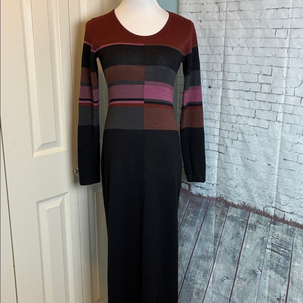 Peruvian Connection Silk Baby Alpaca Black Colorblock Knit Long Sleeve Dress S